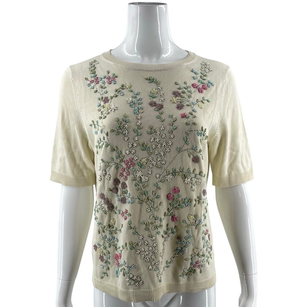 Talbots Womens Sweater Size Large Petite Cream Ivory Floral Beaded Short Sleeve